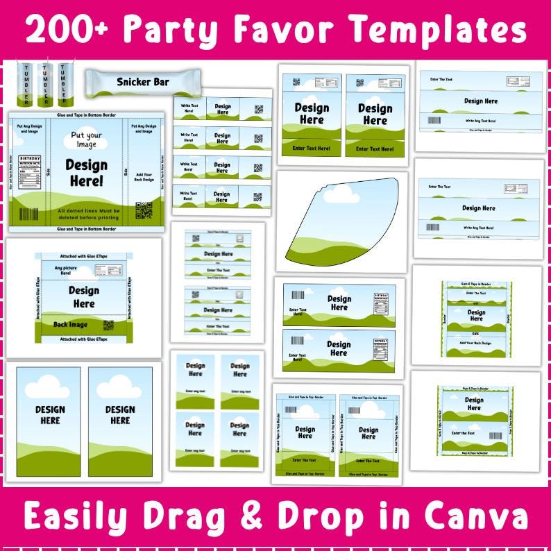 May include: A set of printable party favour designs featuring various characters and themes, including Roblox, Sesame Street, Stitch, and a carnival. The designs are ready to be printed and cut out for use as party favours.
Party Favor Mockup Bundle, Canva Editable Party Favor Mockup Bundle, Chocolate Bar Juice Pouch, Chip bag, DIY Water Bottle Mockup