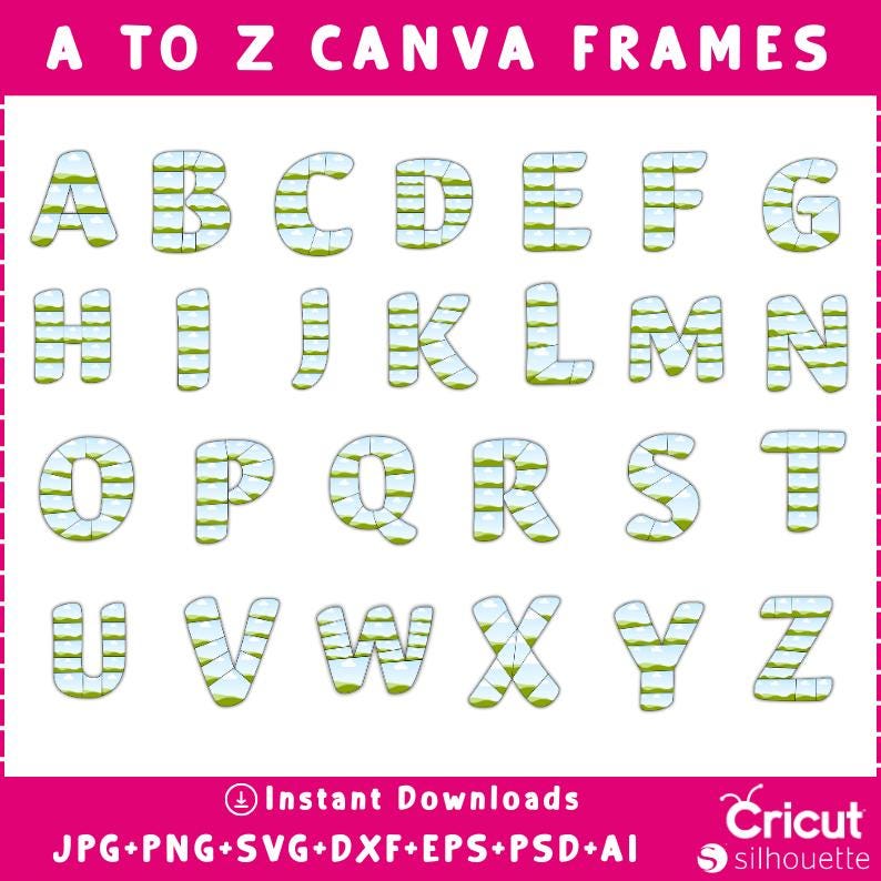 May include: A to Z Canva Frames, a set of 26 alphabet letters with a landscape design. Each letter is filled with a pattern of green grass and blue sky, creating a unique and decorative look.
alt="May include: A collection of party favour mockups featuring a blue sky and green hill design. The image includes a box of coloured pencils, a bag of sweets, plates, a tube, an ice cream cone, a pouch, a banner, a bag, and a candy bar wrapper.