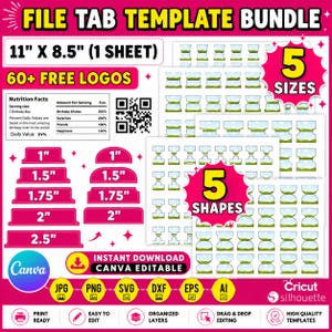 Puede incluir: Un paquete de plantillas de pestañas de archivo con 5 tamaños y 5 formas en hojas de 27,94 cm por 21,59 cm. El gráfico incluye texto como File Tab Template Bundle, 60+ Free Logos y una etiqueta nutricional. Incluye iconos de Canva, JPG, PNG, SVG, DXF, EPS y AI.