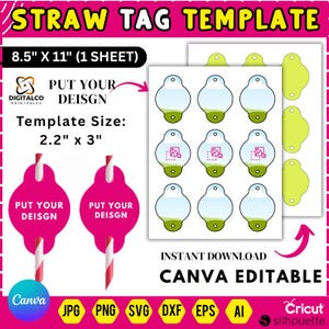 Puede incluir: Una plantilla para etiquetas de paja con el texto "STRAW TAG TEMPLATE". El tamaño de la plantilla es de 5,59 cm x 7,62 cm. La imagen incluye una hoja de etiquetas, dos etiquetas rosas con texto e iconos de tipos de archivo. El tamaño de la hoja es de 21,59 cm x 27,94 cm.