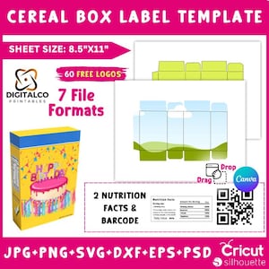 Modelo de caixa de cereal Canva, modelo de embalagem de caixa de cereal, modelo de caixa de cereal, lembrancinha, caixa de cereal Svg, Canva editável arrastar e soltar