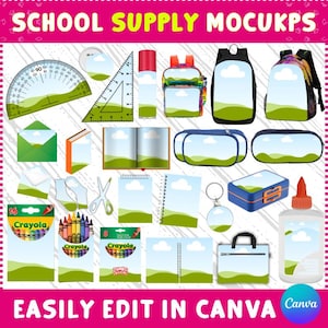 以下が含まれることがあります： ランドセル、ノート、クレヨン、分度器など、学用品のモックアップのコレクション。青い空と緑の丘のある風景デザインが特徴です。「SCHOOL SUPPLY MOCUKPS」と「EASILY EDIT IN CANVA」の文字が表示されています。