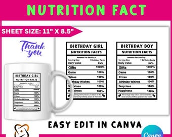Plantilla de etiqueta de información nutricional para cumpleaños: Diseño editable en Canva (descarga digital)