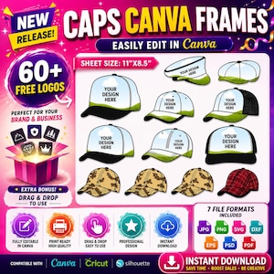Editable Baseball Cap Canva Template, Baseball Cap Template,  Trucker Hat Template, Canva Frame, Hat Brim Template, Canva Drag and drop, DIY