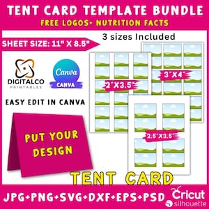 Tent Card Template Bundle, Folded Note Card Template, Food Label Card, Tent Card Printable Svg, Place Card, Editable Food Label Card, Canva