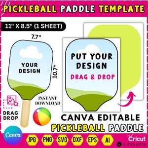 Puede incluir: Una plantilla para el diseño de una pala de pickleball, con dos formas de pala con el texto "Your Design" y "Put Your Design, Drag & Drop". La plantilla mide 27,9 cm x 21,6 cm e incluye un gráfico de pelota de playa colorida. El diseño es editable en Canva.