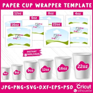 Modello per involucro di bicchieri di carta, set di bicchieri di carta da 6 misure, modello per bicchieri di carta da caffè, involucro di bicchieri di carta, 4oz - 8oz - 9oz - 12oz - 16oz -22oz SVG