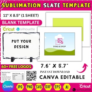 Puede incluir: Una plantilla de pizarra de sublimación con el texto "PUT YOUR DESIGN" en una pizarra rectangular. La imagen incluye un marco blanco con un fondo verde y un diseño con el texto "DRAG & DROP". La plantilla mide 27,9 cm x 21,6 cm y 19,3 cm x 14,5 cm.