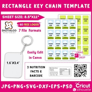 Rectangle Keychain Sublimation Template, Rectangle Keychain Template, Keychain Templates, Rectangle Keychain Tag, Editable Canva drag & drop
