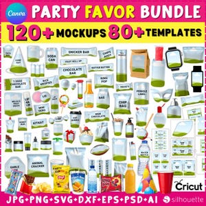 Könnte beinhalten: Eine lebendige Grafik, die ein Party-Favor-Bundle mit verschiedenen Mockups und Vorlagen zeigt. Das Bild zeigt eine Auswahl an verpackten Snacks, Getränken und Partyartikeln, darunter Schokoriegel, Chips und Wasserflaschen. Der Text enthält "PARTY FAVOR BUNDLE" und "120+ MOCKUPS 80+ TEMPLATES".