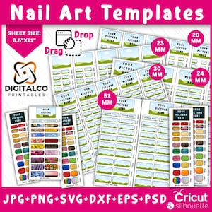 Nail Art Template Bundle, Nail Art Template, Nail Art Decal Template, Square Nail Design,  French Nail Art Decal, Editable Canva Drag & drop