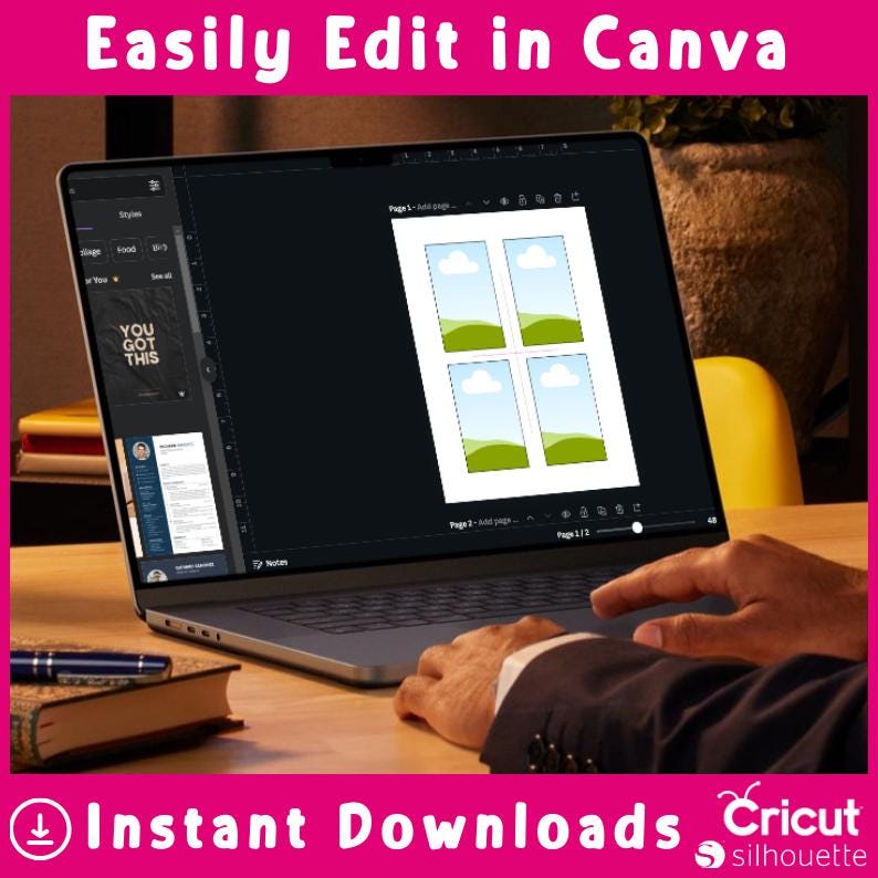 Pu&ograve; includere: Uno schermo di laptop che mostra un design Canva con quattro colline verdi e nuvole. Il testo "You got this" &egrave; visibile sullo schermo del laptop. Il testo "Easily Edit in Canva" &egrave; nella parte superiore dell'immagine. Il testo "Instant Downloads" &egrave; nella parte inferiore dell'immagine.