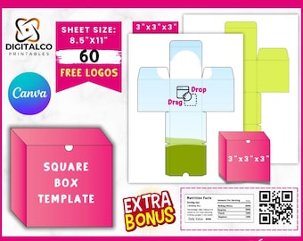 Plantilla de caja cuadrada, plantilla de caja cuadrada en blanco, plantilla de caja, regalos de fiesta, decoraciones de regalos de fiesta, caja clásica, arrastrar y soltar en Canva, caja SVG
