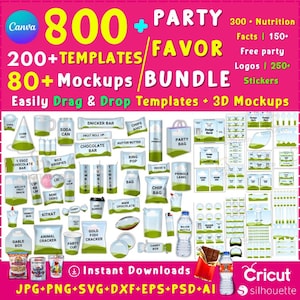 Può includere: Un'immagine rosa brillante con le parole "PARTY" e "BUNDLE", e il testo "800+" e "200+ TEMPLATES". Presenta mockup di bomboniere, snack ed etichette. L'immagine include anche il testo "Easily Drag & Drop Templates + 3D Mockups".