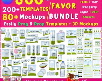 800+ Party Favor Mockup Bundle, Party Favor Template Bundle, Chip Bag Water Bottle Label Shoe Box Template, Nutrition, DIY, Canva Editable