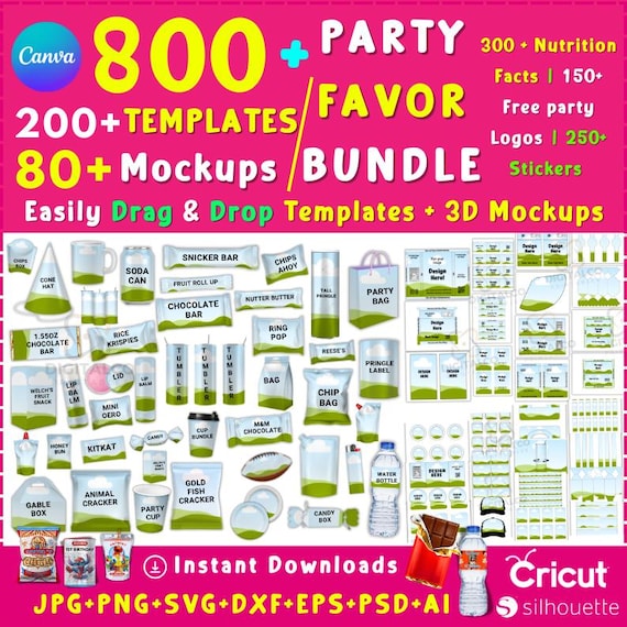 800+ Party Favor Mockup Bundle, Party Favor Template Bundle, Chip Bag Water Bottle Label Shoe Box Template, Nutrition, DIY, Canva Editable