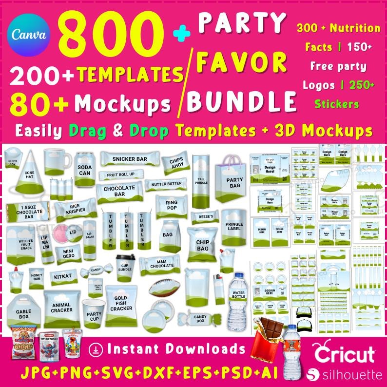 Party Favor Mockup Bundle, Canva Editable Party Favor Mockup Bundle, Chocolate Bar Juice Pouch, Chip bag, DIY Water Bottle Mockup

May include: A graphic displaying party favor mockups and templates. The image includes items such as chip bags, sweets, juice pouches, wine bottles, and gift bags.