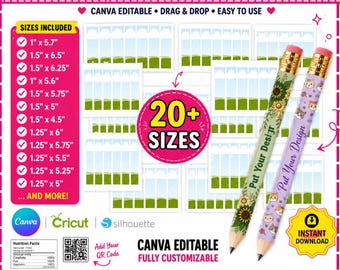 Pencil Wrap Canva Editable Template Bundle, 20+ Sizes, Pencil Wrap Template, Pencil Label Template, Back to School, Canva Drag and drop, DIY