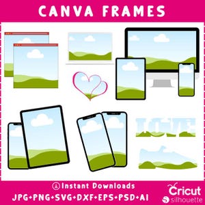 May include: A digital graphic design featuring various devices like a laptop, desktop monitor, tablets, and smartphones, all displaying a landscape scene with clouds and green hills. The text "CANVA FRAMES" is at the top.