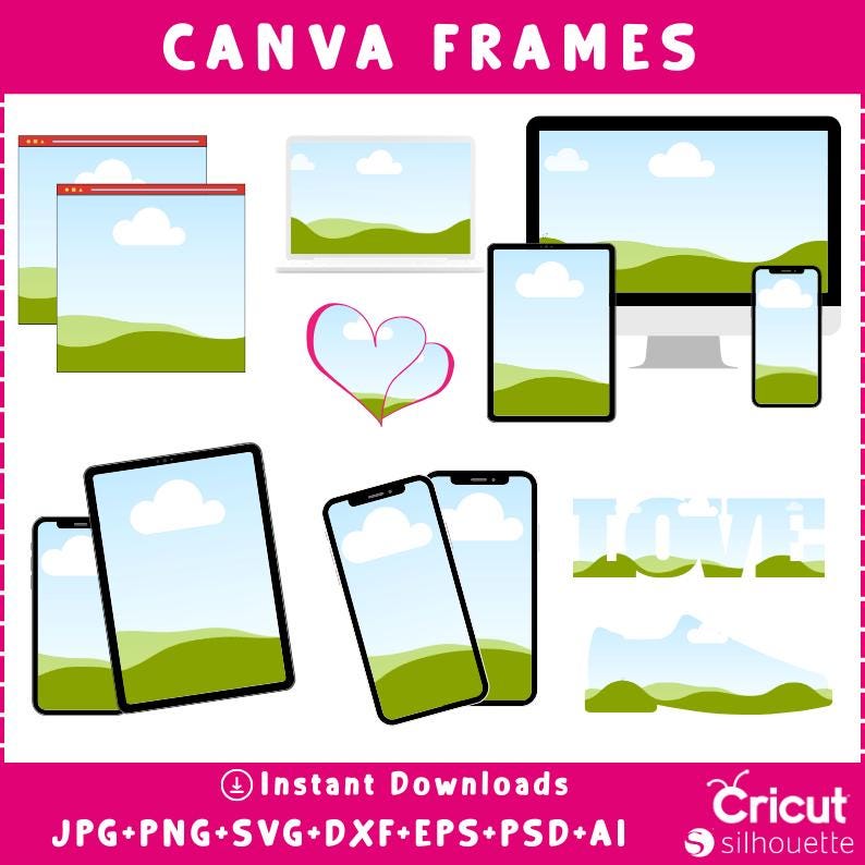May include: A digital graphic design featuring various devices like a laptop, desktop monitor, tablets, and smartphones, all displaying a landscape scene with clouds and green hills. The text "CANVA FRAMES" is at the top.