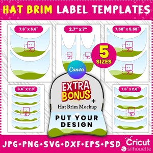 Puede incluir: Gráfico con plantillas de etiquetas para la visera del sombrero en cinco tamaños. Las plantillas incluyen dimensiones como 19,3 cm x 14,2 cm y 6,9 cm x 17,8 cm. La imagen también incluye el texto "EXTRA BONUS + Hat Brim Mockup" y opciones de formato de archivo como JPG y SVG.