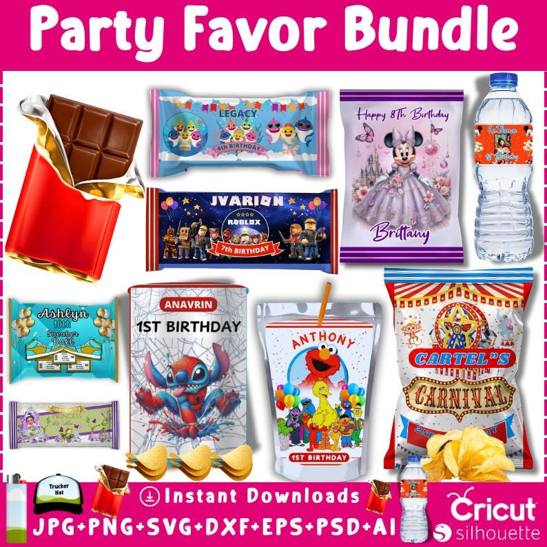Party Favor Mockup, Chocolate Bar, Water Bottle Label, Juice Pouch, Chip Bag Template, Canva Frame Mockup, Candy Bar
Every template is fully Canva Editable, allowing for simple drag-and-drop customization. Quickly change colors, insert photos, and add personalized text to match your party's theme. Save time and create high-quality, professional favors instantly!