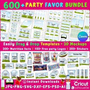 600 Party Favor Template, Party Favor Mockup, Party Favor Chip Bag Template, Pringles Template, Water Bottle Labels, Candy Bar, Canva , SVG