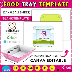 Könnte beinhalten: Eine rosa und weiße Food-Tray-Vorlage mit den Maßen 27,9 cm x 21,6 cm. Das Design umfasst eine leere Vorlage, eine "Drag & Drop"-Grafik und den Text "CANVA EDITABLE". Logos für Cricut und Silhouette sind ebenfalls vorhanden.