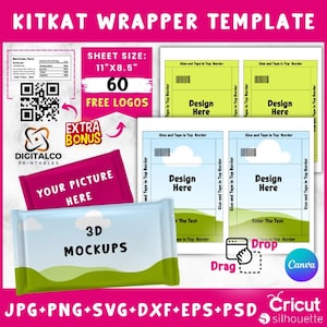 Kit Kat Wrapper Vorlage, Kit Kat Wrapper Etikettenvorlage, Kit Kat Wrapper leere Vorlage, Partygeschenke, Canva Bearbeitbares Ziehen & Ablegen, Mockups