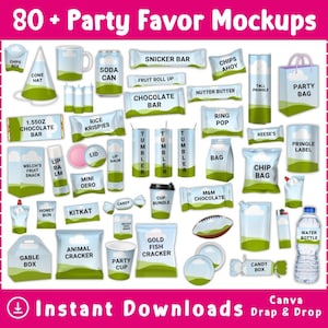 May include: A collection of party favour mockups featuring a blue sky and green hill design. The image includes a box of coloured pencils, a bag of sweets, plates, a tube, an ice cream cone, a pouch, a banner, a bag, and a candy bar wrapper.