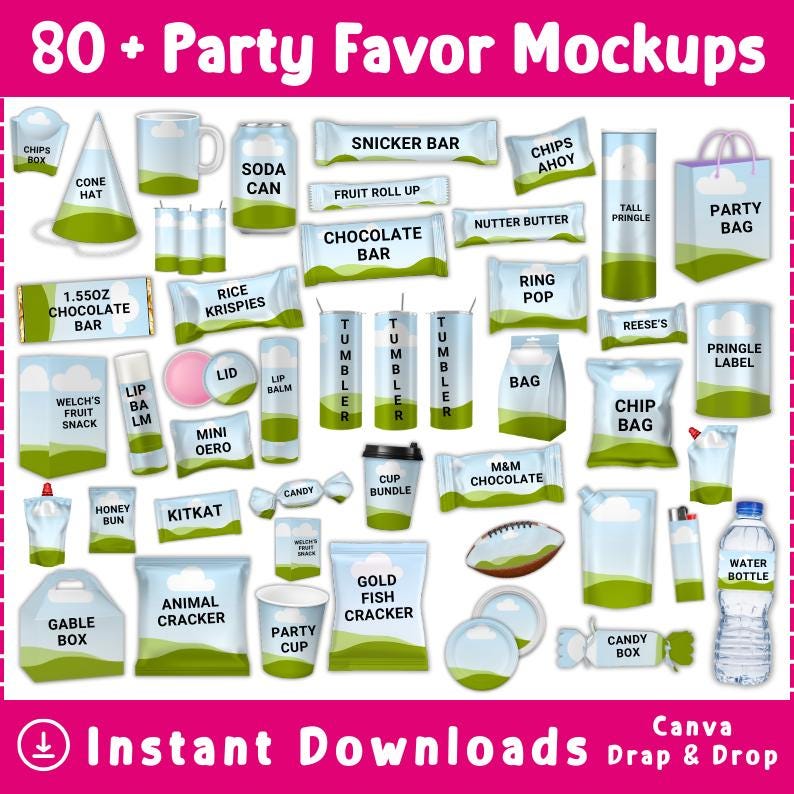 May include: A collection of party favour mockups featuring a blue sky and green hill design. The image includes a box of coloured pencils, a bag of sweets, plates, a tube, an ice cream cone, a pouch, a banner, a bag, and a candy bar wrapper.