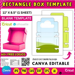 Puede incluir: Una plantilla de caja rectangular rosa con el texto "RECTANGLE BOX TEMPLATE" y "11" X 8.5" (1 SHEET)". La imagen también incluye un diseño de plantilla en blanco, una tabla de información nutricional y el texto "60+ FREE LOGOS". El diseño es editable en Canva.