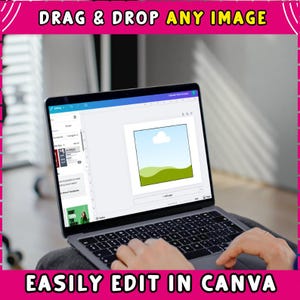 Puede incluir: Una computadora port&aacute;til muestra una interfaz de dise&ntilde;o con el texto "DRAG & DROP ANY IMAGE" en la parte superior y "EASILY EDIT IN CANVA" en la parte inferior. La pantalla muestra una ilustraci&oacute;n de paisaje con cielo azul, nube blanca y colinas verdes.