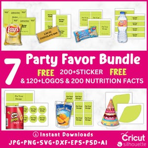 May include: A digital download bundle of 7 party favor designs featuring popular snack brands like Lay's, Rice Krispies, Pringles, and Capri-Sun. The bundle includes 200+ stickers, 120+ logos, and 200 nutrition facts. The designs are customizable with your own text and graphics.