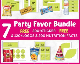 Party Favor Template Bundle: Chip Bag, Water Bottle, Rice Krispies (Canva Editable, Digital Download)