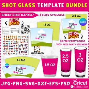 Op de afbeelding: Een roze en witte shotglaasjessjabloonbundel met de tekst "SHOT GLASS TEMPLATE BUNDLE". Bevat 3 maten: 4,4 cl, 7,4 cl en 8,9 cl. Bevat ook feestlogo's en stickers. Bladformaat is 21,6 cm x 27,9 cm.