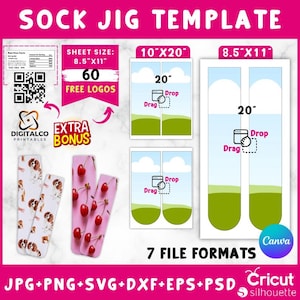 Könnte beinhalten: Socken-Jig-Vorlage mit zwei verschiedenen Größen: 8,5 Zoll mal 11 Zoll und 10 Zoll mal 20 Zoll. Die Vorlage enthält 60 kostenlose Logos und einen zusätzlichen Bonus. Die Vorlage ist in 7 Dateiformaten verfügbar: JPG, PNG, SVG, DXF, EPS und PSD. Die Vorlage ist mit Cricut und Silhouette kompatibel.