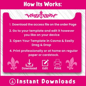 Pu&ograve; includere: Grafica rosa e bianca con il testo "How Its Works:" e un elenco di quattro passaggi per scaricare, modificare e stampare un modello. La grafica include anche un'icona di download, un'icona di modifica e un'icona di stampa. Il testo "Instant Downloads" si trova nella parte inferiore della grafica.