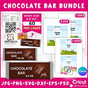 Op de afbeelding: Een digitale download van afdrukbare chocolade reep verpakkingen in drie maten: 1,45 oz, 1,55 oz en 2,6 oz. De verpakkingen zijn ontworpen met een chocolade reep en chocoladesaus afbeelding. De download bevat 60 gratis logo's. De bladgrootte is 8,5 inch bij 11 inch.