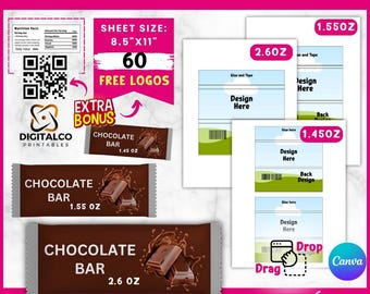 Schokoladenbar Vorlage Bundle, Schokolade Wrapper Etikettenvorlage, Candy Bar Wrapper, Party Favors, 1,55 Unzen Schokoladenbar Wrapper, Ernährungs