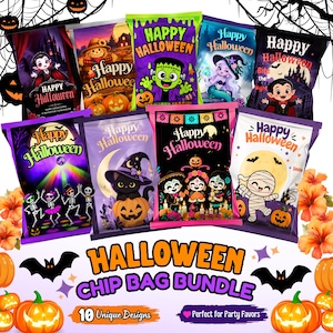 10 Halloween Chip Bag Templates, Editable Canva Halloween Chip Bag, Halloween Party Favor, Printable Chip Bag Template, Halloween Party Bag