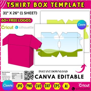 Op de afbeelding: Een roze t-shirt box sjabloon met de tekst "TSHIRT BOX TEMPLATE" en afmetingen van 78,7 cm x 66 cm. Inclusief "60+ FREE LOGOS" en de Canva, Cricut en Silhouette logo's. De woorden "CANVA EDITABLE" zijn ook aanwezig.