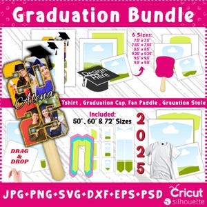 May include: Graduation bundle with a variety of designs for a graduation cap, fan paddle, stole, and t-shirt. The designs include a photo frame, a graduation cap, and a fan paddle with the text "2025" and "Drag & Drop". The bundle includes 6 sizes: 7.5 inches, 7.85 inches, 8.5 inches, 9.25 inches, 9.5 inches, and 9.8 inches. The bundle also includes 3 sizes: 50 inches, 60 inches, and 72 inches.