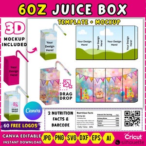 6oz Juice Box Template, Juice Box Mockup Template, 6oz Juice Box Wrapper Template, Juice Box Label, Party Favors, Editable Canva Drag & drop