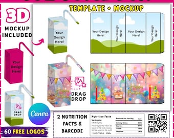 6oz Juice Box Template, Juice Box Mockup Template, 6oz Juice Box Wrapper Template, Juice Box Label, Party Favors, Editable Canva Drag & drop