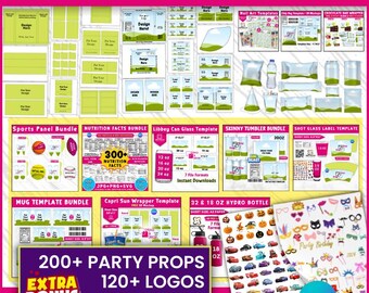 Party favor Combo Pack Template Bundles, Party Favor Template, Mug Wrap Templates, Party Favors, Gable Box Template, Skinny Tumbler Template