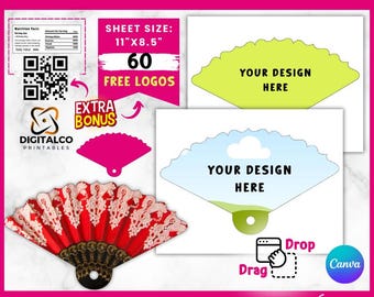 Puede incluir: Una plantilla de descarga digital para un abanico con un espacio en blanco para un diseño. La plantilla mide 11 pulgadas por 8,5 pulgadas e incluye 60 logotipos gratuitos. La imagen muestra un abanico rojo y blanco con un diseño de encaje, un abanico verde con un diseño de nube y un abanico amarillo con un espacio en blanco para un diseño. El texto "Your Design Here" está en cada abanico.