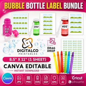 Bubble Bottle Label Template Bundle, 4 oz Bubble Bottle Label, Bubble Wands, Bubble Bottle Label Template, Kids Party Favor, Canva Drag&drop