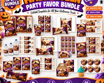 Halloween Party Favor Bundle, Happy Halloween Party Favor, Chip Bag, Water Bottle, Capri Sun Labels, Rice Krispies, Editable Canva Templates