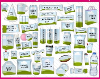 May include: A collection of 70+ party favor mockups, including bags, boxes, cups, and labels. The mockups feature various designs and colors, including green, blue, and white. The text "70+ Party Favor Mockups" is at the top of the image. The text "Canva Drag & Drop" is at the bottom of the image.